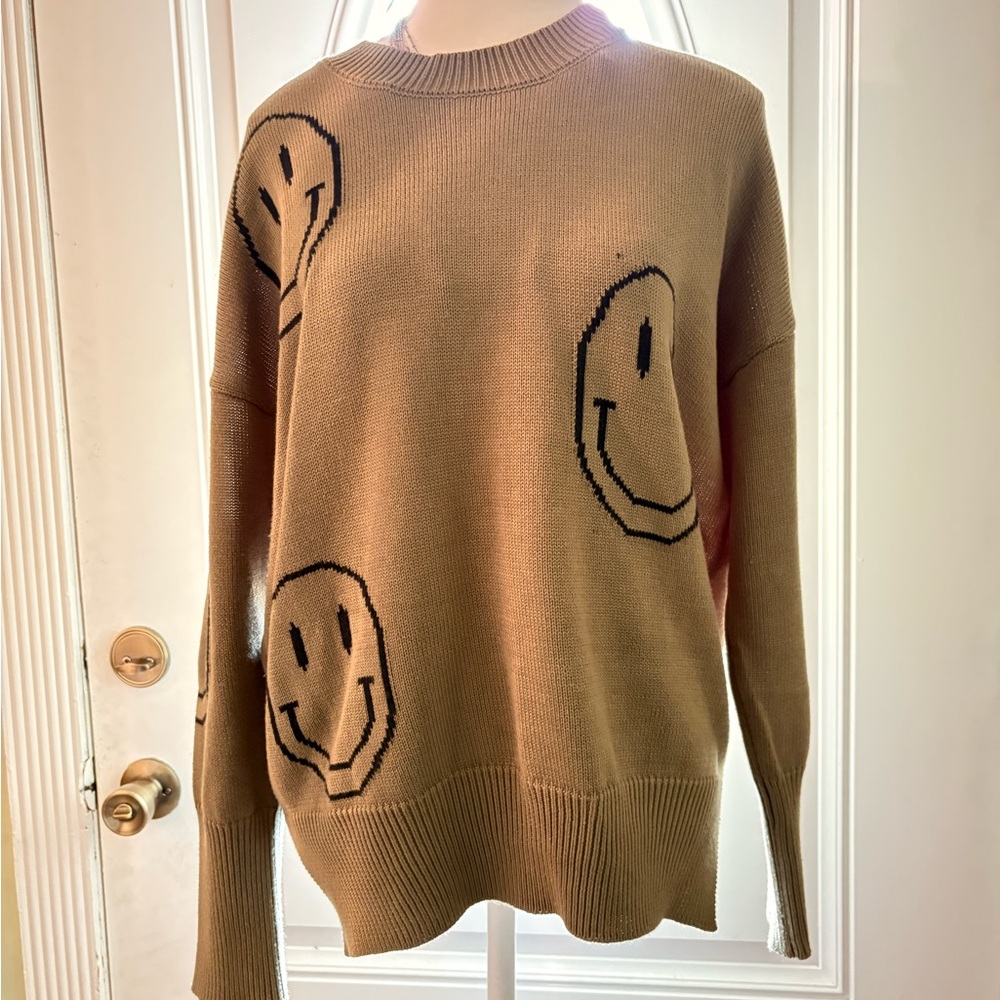 Cozy Tan Smiley Face oversized Sweater